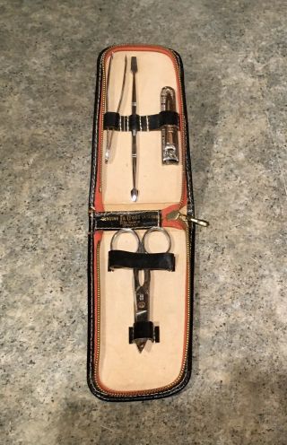 Vintage La Cross Leather Case Clippers & Nail Tool,  Solingen Scissors