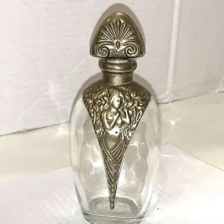 Vintage Silvestri Perfume Bottle Clear Glass Silver Naked Lady Overlay 5” Tall