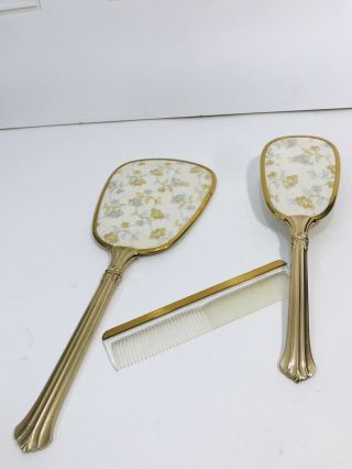 Vintage Vanity Set Mirror Brush Comb Silver Gold Embroidered Backs Gold Tone