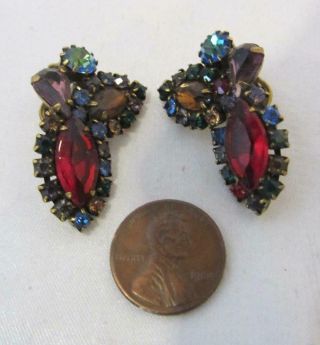 Vintage Multi Color Rhinestone Clip Earrings - 1 - 1/4 " Long Red,  Blue,  Amber,