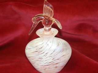 Pink White Iridescent Swirls Art Glass Perfume Bottle Hummingbird Stopper
