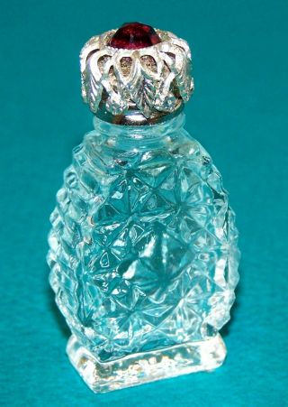 Old Clear Pressed Glass Miniature Perfume Bottle Purple Set On Top Of Metal Lid