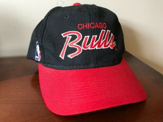Vintage Chicago Bulls Sports Specialties Black Red Script Snapback Cap Hat