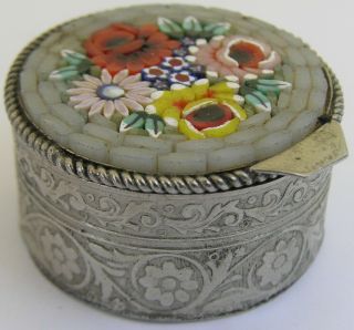 Vtg Micro Mosaic Inlaid Floral Embossed Millefiori Oval Flower Pill Trinket Box