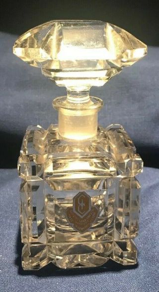 Crystal Perfume Bottle Heavy Clear Glass 5 1/2” Tall Orig.  Sticker - From Germany