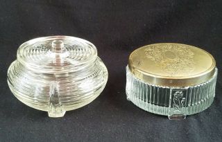 2 Vintage 1930 Art Deco Ribbed Depression Glass Vanity Powder Boxes Trinket Box