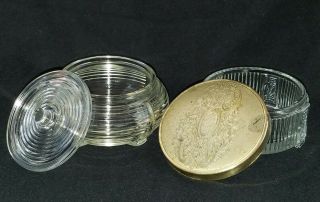 2 Vintage 1930 Art Deco Ribbed Depression Glass Vanity Powder Boxes Trinket Box 2