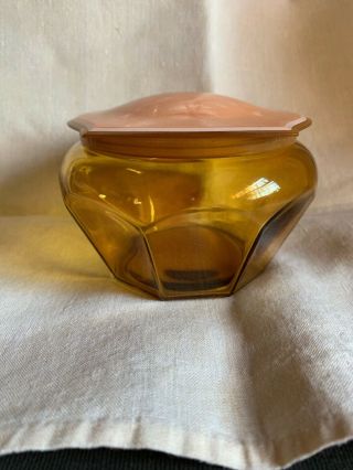Amber Depression Glass Dresser Box / Powder Jar With Bakelite Celluloid Lid