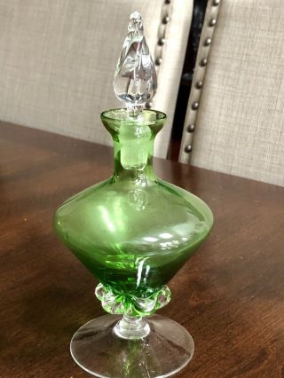 Vintage Hand Blown Art Green Glass Perfume Bottle With Stopper 8”