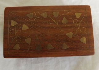 Wooden Brass Inlay Trinket Jewellery Box Velvet Lining Leaves Hearts Collectible