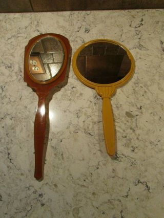 2 - Vintage Hand Held Plastic Vanity Mirrors: Circle & Oval (beveled)