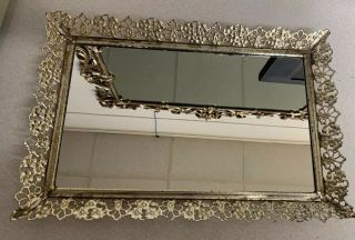 Vintage Gold Metal Ornate Vanity Mirror Tray Dresser Bathroom Filigree Victorian