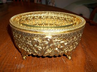 Vintage Gold Ormolu Metal Ornate Beveled Glass Trinket Jewelry Box Lilies