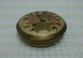 Vintage Brass Powder Box With Porcelain Cloisonne Enamel Painted Roses On Lid
