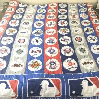 Vintage Mlb Baseball Blanket Full Or Queen Size All Team Logos 1998 Blue