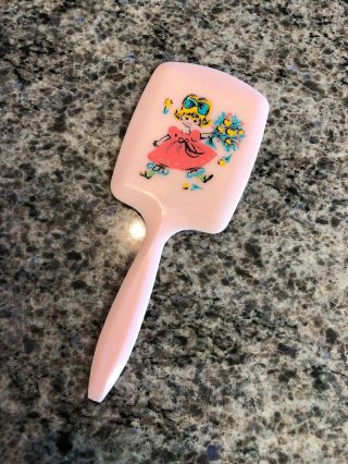 Vintage 1960’s Hand - Held Pink Plastic Mirror With Cute Little Girl W/flowers