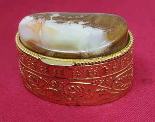 Vintage Gold Tone Pill Box With Stone Lid