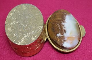 vintage gold tone pill box with stone lid 3
