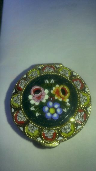 Vintage Micro Mosaic Inlaid Floral Round Embossed Pill/ Trinket Box.  Italy