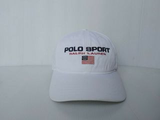 Vintage Polo Sport By Ralph Lauren White Cap Hat Flag Big Logo