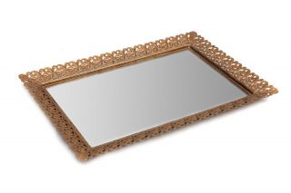 Vintage Vanity Tray Mirror Gilt Gold Rectangle Metal Filigree Ormolu 17x12 L