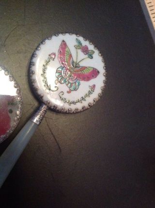 VINTAGE CHINESE PORCELAIN ENAMEL HAND MIRROR Butterfly WITH JADE HANDLE 2