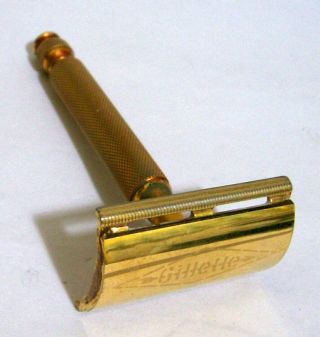 Vintage Gillette Gold Tone Double Edge Safety Razor W/ Ball End Handle