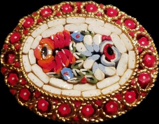 Vtg 1.  5” Micro Mosaic Oval Poppy Daisy Flower Brooch/pin Red Blue White Oblong