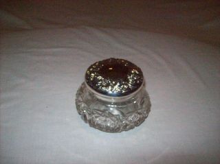 Vintage Pressed Glass Powder Jar With Floral Silver Plate Lid