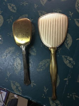 Vintage Gold Finish Hand Held Vanity Mirror And Brush Set