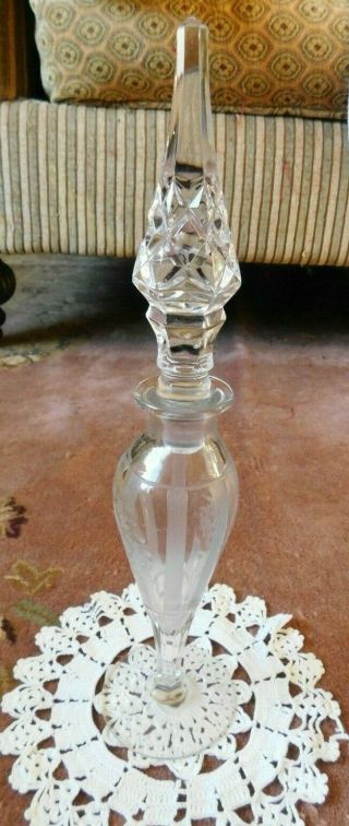 Tall Vintage Clear Glass Crystal Perfume Bottle W/ Etched Birds And Flowers
