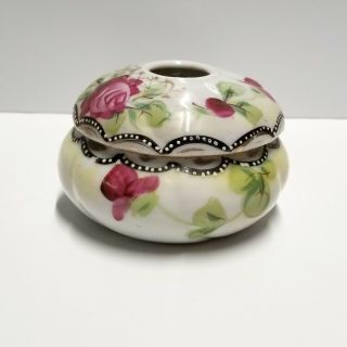 Vintage Porcelain Hand Painted Pink Floral Hair Receiver Made In Japan