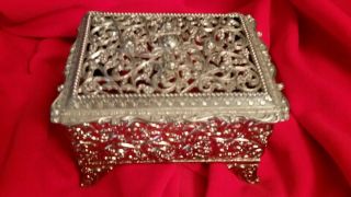 Vintage Gold Ormolu Casket Trinket Jewelry Box Floral Filigree