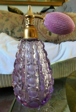 Antique Vintage Perfume Bottle With/ Atomizer Cut Purple Crystal Glass 6 "