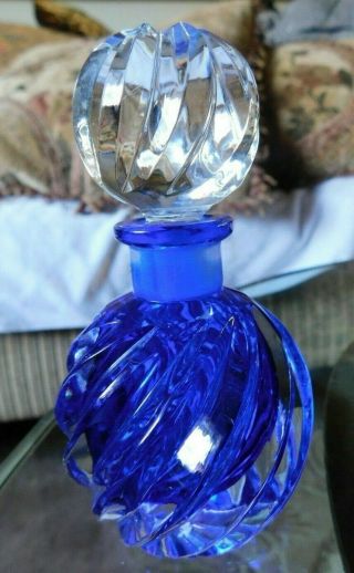 Vintage Cobalt Blue And Clear Glass Perfume Bottle W/ Glass Stopper Art Deco