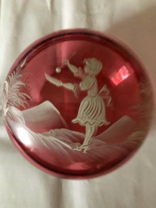 Vintage Cranberry Glass Mary Gregory Hand Painted Covered Bowl 5 1/2” Wide