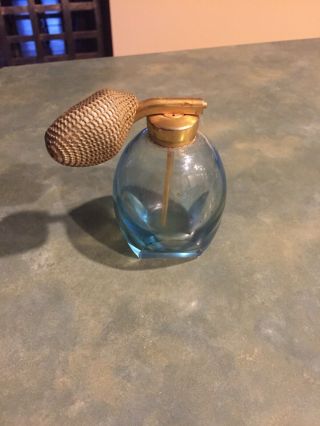 Pretty Vintage Blue Glass Vanity Perfume Bottle Atomizer With Gold Color Top