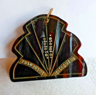 Vintage Art Deco Faux Tortoise Lucite Pocket Mirror Compact Rhinestone Accents