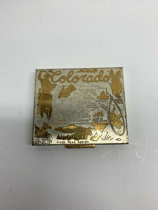 Vintage Ritz Gold Tone Compact Colorado State Map Makeup Powder Case