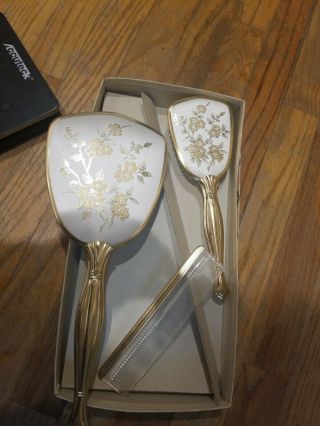 Vintage Brush,  Mirror & Comb Set Gold Tone Floral 13” Brush 10” Comb 7 "