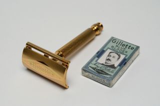 Vintage 40s Gillette Gold - Color Safety Razor W 1 Pack Of Blue Blades