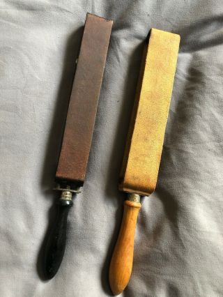 Vintage Leather Razor Strop Sharpener With Wood Handle - 13 "