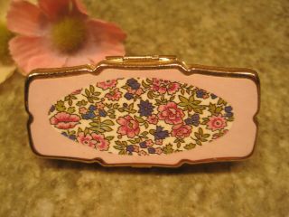 Vintage Pink Floral Lipstick Holder W/ Mirror Marked Japan Gold Tone
