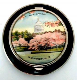 Vintage Black Enamel Powder Compact Washington D.  C With Cherry Blossom.