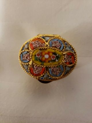 Vintage Micro Mosaic Inlaid Floral Bouquet Gold Embossed Oval Pill Trinket Box