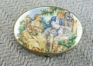 Vintage Oval Shaped Metal Pill Box With Courting Scene On Hinged Lid Mirror
