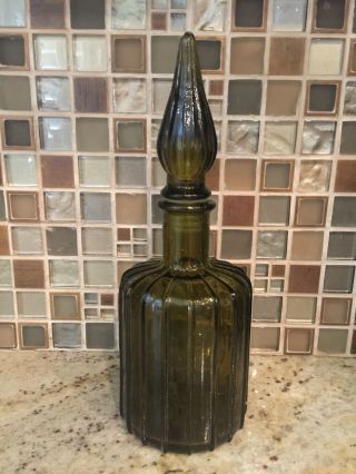Vintage Ribbed Green Glass Perfume Bottle With Glass Stopper
