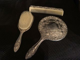 Vintage Comb,  Brush And Hand Mirror Set,  Silver Plated