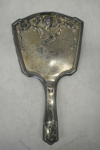 Antique Art Nouveau Silverplate Hand Mirror W/ Floral Repousse Cosmetic Vanity