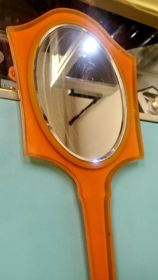 Vintage Antique Celluloid Hand Held Vanity Mirror 13 " Beveled Mirror